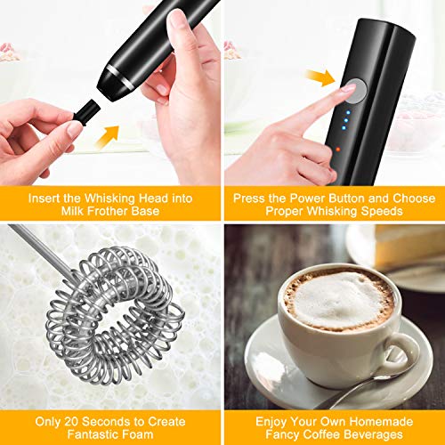 Dallfoll Espumador de Leche Eléctrico, USB recargable batidor eléctrico, vaporizador de leche, Bubbler leche para Latte, capuchino, huevo batidoo (negro)