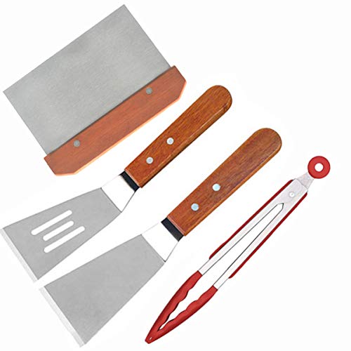 dancepandas Teppanyaki Espatula 4PCS Espatula Grill Acodada y Pinza Espátula Rasqueta Barbacoa Barbacoa Teppanyaki para Picnic, Camping, Barbacoa o Fiesta