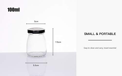 Danmu Art - 6 botellas de vidrio transparente de 100 ml con tapas negras para yogur