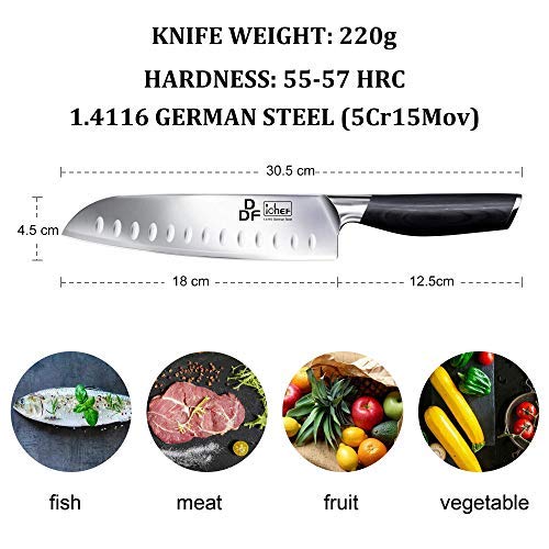 DDF iohEF Cuchillo de Cocina, Cuchillo de Cocinero Santoku Profesional 18cm Acero Inoxidable Alemán Hoja Mango Ergonómico para Vegetales, Frutas, Carne, La Cocinas y Restaurantes Caja de Regalo