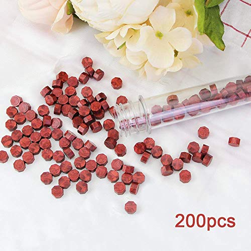 DECARETA 200 Piezas Sello de Cera para Cerrar los Sobres,Sello de Lacre con 2 Piezas de Velas y 1 Piezas de Cuchara de Fundir Cera para Invitaciones de Boda (Rojo de Vino)