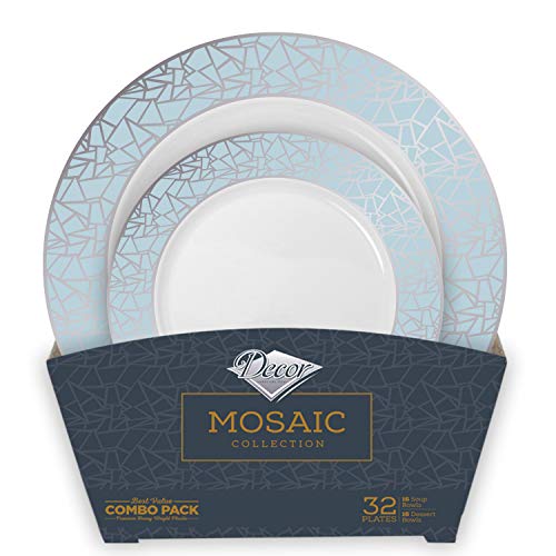 Decor Decorline - Set de Platos de Plástico para Fiestas Premium 32 Piezas - Colección Mosaico Elegante - Plata -Platos Gruesos y Duraderos -Juego de Platos de Cena de Plástico para Toda Ocasión