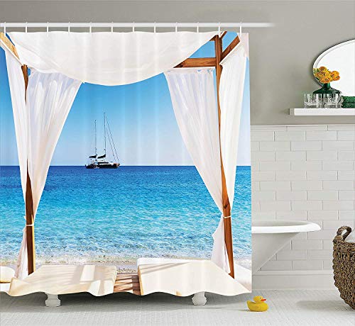 Decoración de Bali Conjunto de cortina de ducha Playa a través de una cama balinesa Sol de verano Cielo despejado Luna de miel Spa natural Imagen Accesorios de baño 180 CM Aguamarina larga