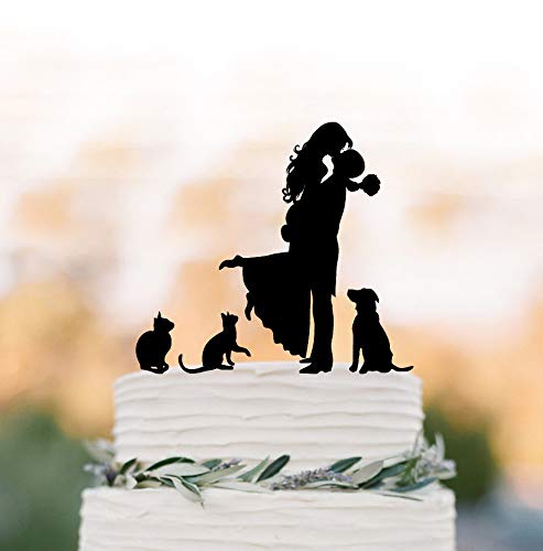 Decoración para tarta de boda familiar con 2 gatos y perros con silueta de dos gatos y silueta de pareja para tartas de novia y novio, silueta de beso