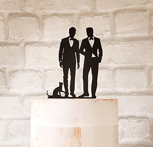 Decoración para tartas, acrílico, dos novios y silueta de gato, decoración para tarta de boda, pareja gay con mascota, color negro