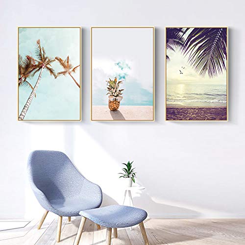 Decoración Piña Cartel y Playa Mar Paisaje Arte de la pared Lienzo Pintura Cuadros decorativos Decoración del hogar 60X90CM