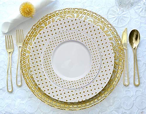 Decorline - Set de Platos de Plástico para Fiestas - Blanco y Oro - Colección Sphere - Platos Desechables de Plástico Resistente - Elegante - Vajilla de Plástico para Toda Ocasión - 40 Piezas