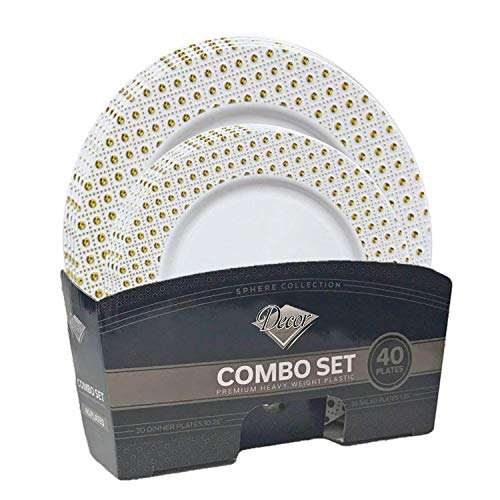 Decorline - Set de Platos de Plástico para Fiestas - Blanco y Oro - Colección Sphere - Platos Desechables de Plástico Resistente - Elegante - Vajilla de Plástico para Toda Ocasión - 40 Piezas