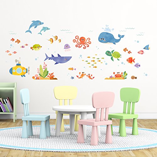 DECOWALL DW-1611S Aventura en el Mar Vinilo Pegatinas Decorativas Adhesiva Pared Dormitorio Salón Guardería Habitación Infantiles Niños Bebés