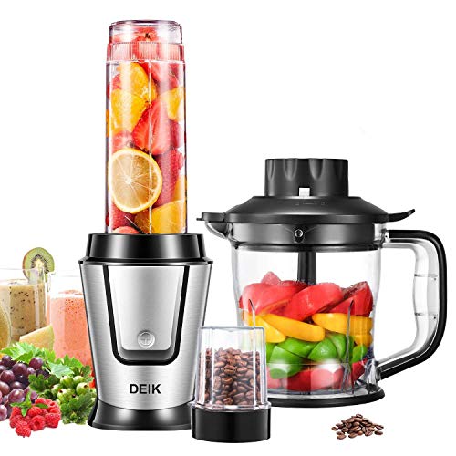 Deik Batidora de Vaso, Batidora 3 en 1 con Molinillo y Picadora de Carne, Batidora Smoothie para Batidos y Alimentos para Bebés, Base de Acero Inoxidable, 4 Cuchillas de Titanio, 500W & 26000RMP