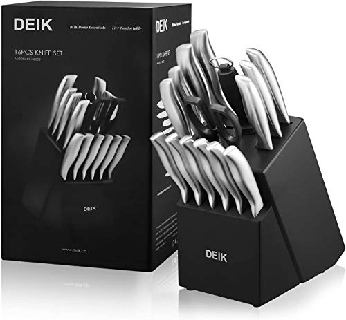 Deik Cuchillos Cocina, Set Cuchillos, Juego Cuchillos de Acero Inoxidable con Soporte de Madera Negra. Incluye Cuchillo Cocinero, Cuchillo de Carne, Cuchillo de Pan, Cuchillo de Frutas, Cuchillo de Ve