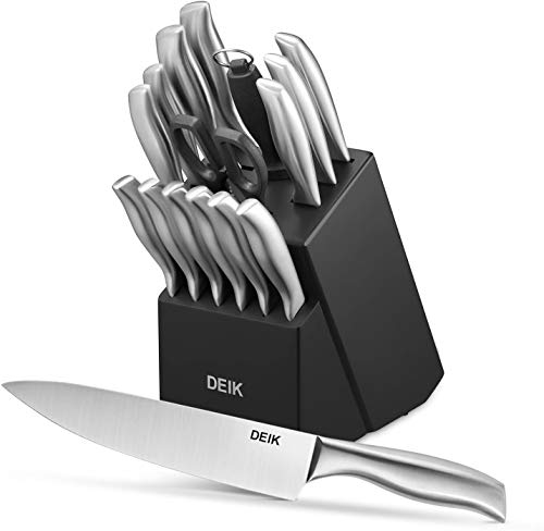 Deik Cuchillos Cocina, Set Cuchillos, Juego Cuchillos de Acero Inoxidable con Soporte de Madera Negra. Incluye Cuchillo Cocinero, Cuchillo de Carne, Cuchillo de Pan, Cuchillo de Frutas, Cuchillo de Ve