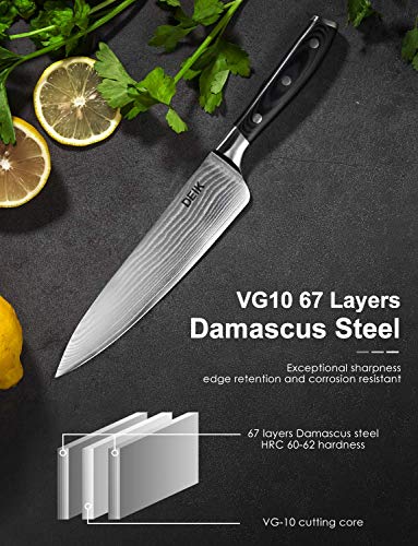 Deik Cuchillos de Cocina, Cuchillo Damasco Profesional Hoja 20cm VG10 Acero Inoxidable de Alto Carbón Profesional con Mango Ergonómico, Hoja Afilada, Resistente a la Corrosión