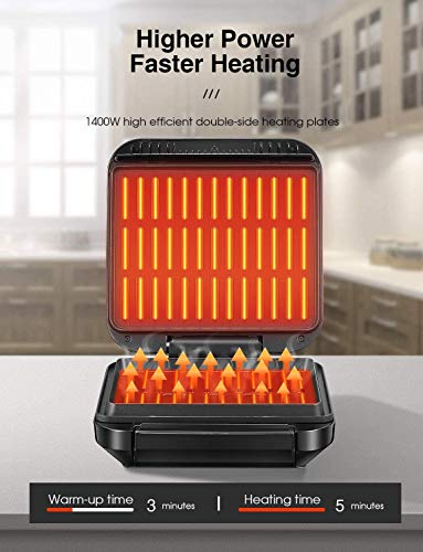 DEIK Hot&Hot Parrilla Eléctrica de Asar 1400W Parrilla en Minutos, Fácil Limpieza Antiadherente Revestimiento, Superficie 24*19 CM para 2-3 Personas, incluye Espátula y Bandeja de Goteo Extraíble