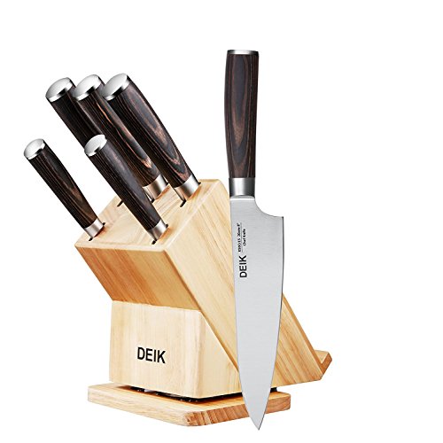 Deik Juegos Cuchillos Cocina, Set Cuchillos de 6 Piezas, Incluye un Bloque de Madera y 5 Piezas de Cuchillos de Cocina Acero Inoxidable Alemán