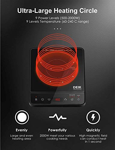 Deik placa inducción portatil multifunción con 2000W, controles táctiles, 10 niveles de temperatura de 60 °C a 240 °C, temporizador regulable, negro