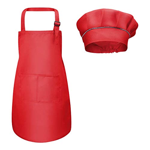 Delantal Para Niños + Gorro De Cocinero, Delantal de Cocina Infantil Delantales Infantiles Delantal De Chef De Cocina Para Niños Pintura 4-12 Años (Rojo, L)