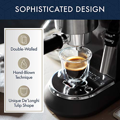 De'Longhi Juego de 2 vasos premium para espresso, apto para lavavajillas, pared doble vidrio templado, transparente, 60 ml