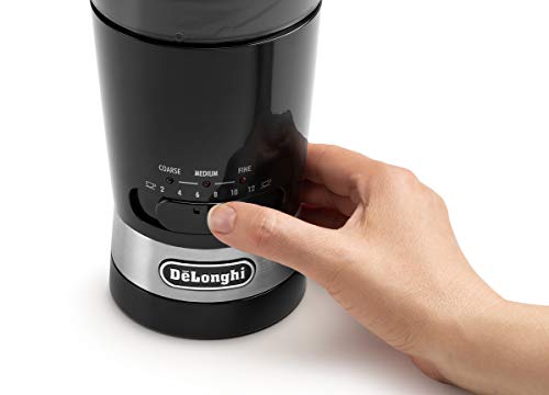 De'Longhi KG210 Molinillo de Café, Capacidad 90 Gramos, Cuchillas de Acero Inóxidable, Capacidad de Tazas Ajustable, Nivel de Molienda Ajustable, Uso Sencillo, 170 W, Color Negro