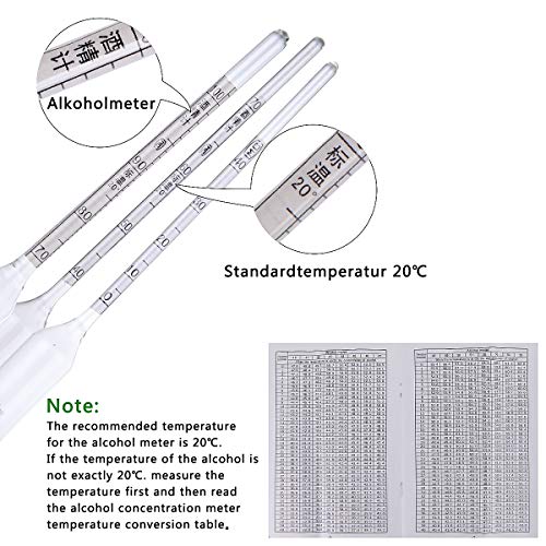 Densimetro Alcohol, HTBAKOI Medidor de Alcohol Juego Completo 0~100 Vol%+Termómetro+Paño de Limpieza Alcoholímetro Medición Precisa Hecho de Material Ecológico [Caja de Madera Incluida]