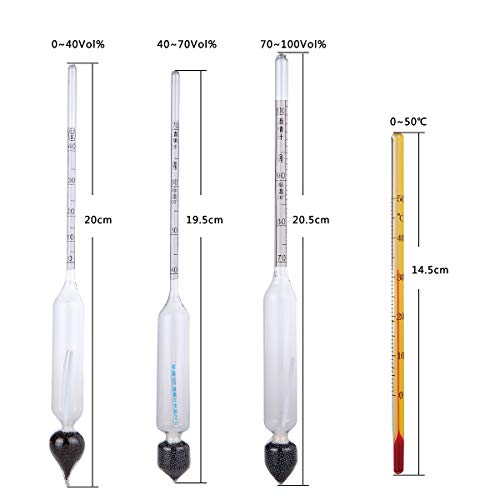 Densimetro Alcohol, HTBAKOI Medidor de Alcohol Juego Completo 0~100 Vol%+Termómetro+Paño de Limpieza Alcoholímetro Medición Precisa Hecho de Material Ecológico [Caja de Madera Incluida]