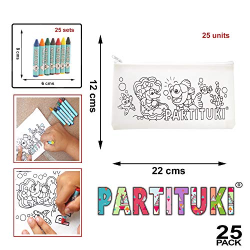 Detalles para Niños Partituki. 25 Estuches para Colorear y 25 Sets de 7 Ceras de Colores. Detalles Fiestas Infantiles. Con Certificado CE de no Toxicidad