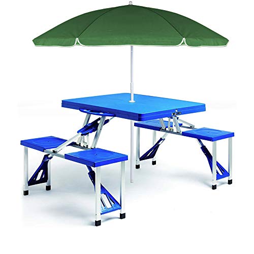 Deuba Mesa Plegable de Camping con 4 sillas portátil Espacio para sombrilla Azul pícnic Camping Exterior 137x85x65cm