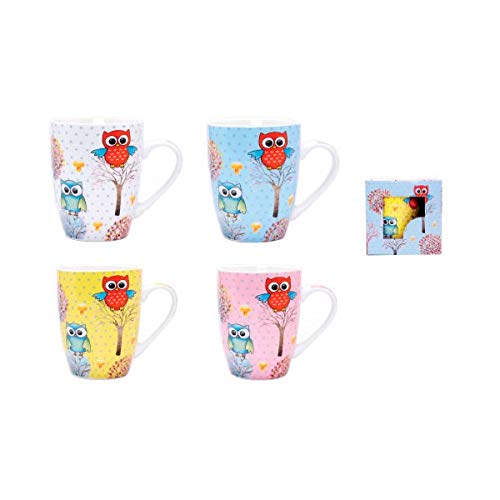 DISOK Lote de 4 Tazas Owl en Caja de Regalo, Cerámica, Multicolor, 8x8x10.5 cm