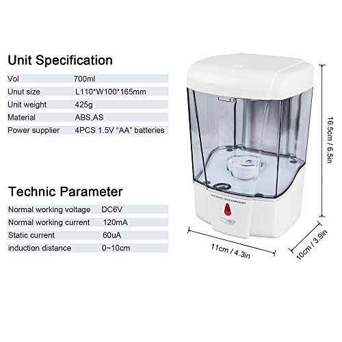 Dispensador de jabón automático Pared, 700 Ml Dispensador de Jabón con Sensor IR Automático de Montaje en Pared de, dispensador de jabón para Cuarto de baño, Aseo, Cocina, Oficina, Hotel