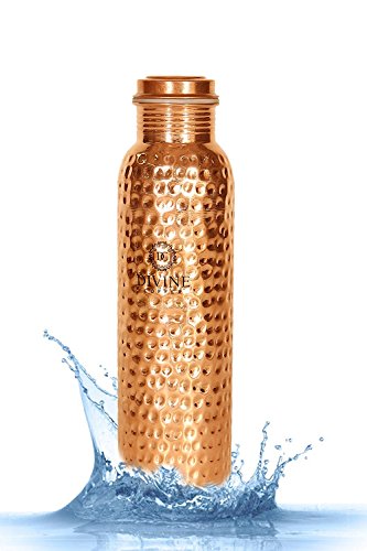 Divine 100% Pure Certified cobre metal termo potable botella de agua, Ayurveda a prueba de fugas martillo para buena salud, etiqueta libre jarra, 33.8oz