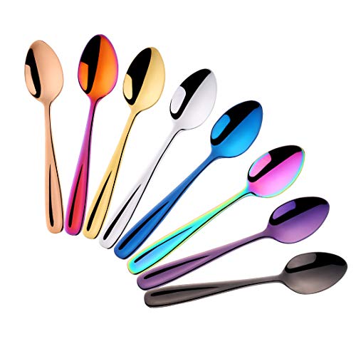 Do Buy - Cucharillas de café, postre, té (8 unidades), varios colores, acero inoxidable, negro, azul, morado, dorado, oro rosa, plata, arcoíris y rojo., 14cm klein teelöffel bunt 8er