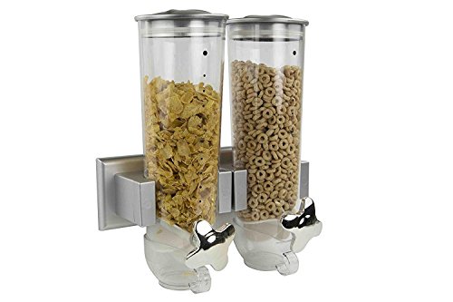 Doble dispensador; Para cereales, alimentos secos con bandeja integrada anti derrames, ideal para la casa, la cocina, cereales, alimentos para mascotas, dulces u otros alimentos, plata