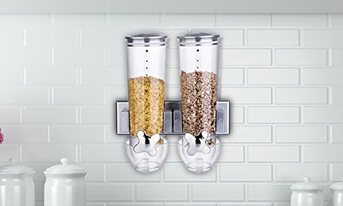 Doble dispensador; Para cereales, alimentos secos con bandeja integrada anti derrames, ideal para la casa, la cocina, cereales, alimentos para mascotas, dulces u otros alimentos, plata