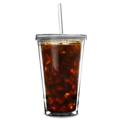 Doble pared Copas de plástico 16 oz / 470 ml por bar@drinkstuff - Pack de 2 | Copas SAN plástico con tapa y paja, plástico Vasos