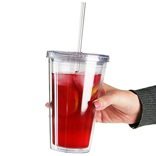 Doble pared Copas de plástico 16 oz / 470 ml por bar@drinkstuff - Pack de 2 | Copas SAN plástico con tapa y paja, plástico Vasos