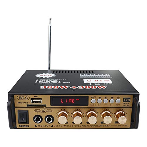 Docooler 12 V/220V Mini Amplificador BT,HiFi Audio Estéreo Pantalla LCD de 2 CH de Potencia, BT FM Radio Portátil Auto Home 600 W, Mando a Distancia Audio Amplificador（Oro）