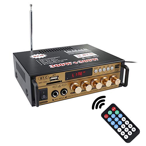 Docooler 12 V/220V Mini Amplificador BT,HiFi Audio Estéreo Pantalla LCD de 2 CH de Potencia, BT FM Radio Portátil Auto Home 600 W, Mando a Distancia Audio Amplificador（Oro）