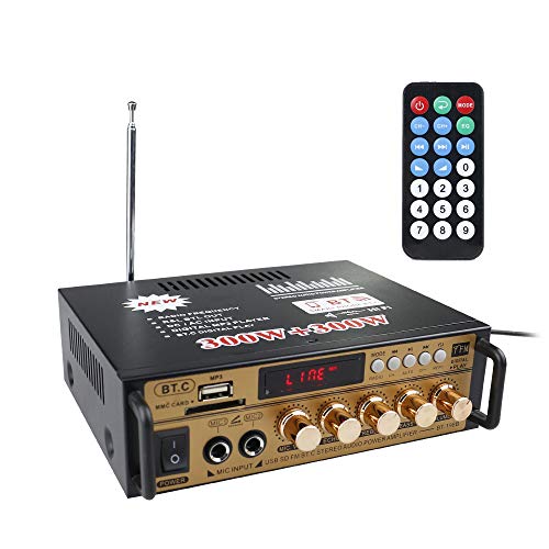 Docooler 12 V/220V Mini Amplificador BT,HiFi Audio Estéreo Pantalla LCD de 2 CH de Potencia, BT FM Radio Portátil Auto Home 600 W, Mando a Distancia Audio Amplificador（Oro）