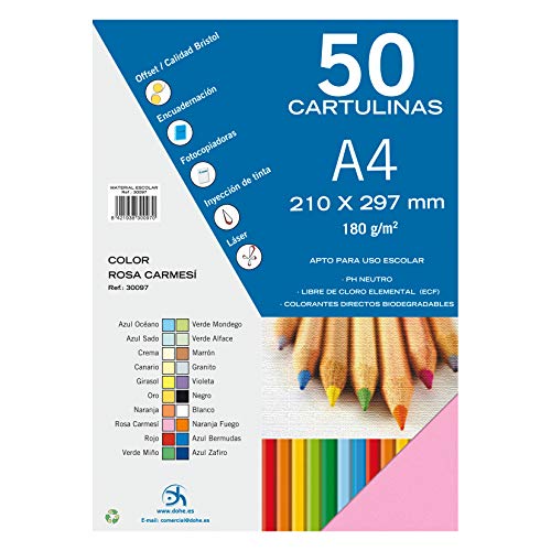 Dohe 30097 - Pack de 50 cartulinas, A4, color rosa carmesí