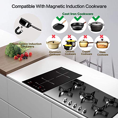 Domino placa inducción, Amzchef doble placa de inducción con superficie de cristal negro,control táctil del sensor y bloqueo para niños,10 niveles de potencia y configuración del temporizador 3300W