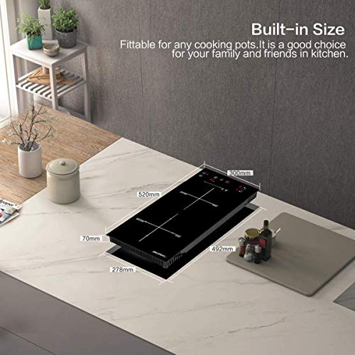 Domino placa inducción, Amzchef doble placa de inducción con superficie de cristal negro,control táctil del sensor y bloqueo para niños,10 niveles de potencia y configuración del temporizador 3300W