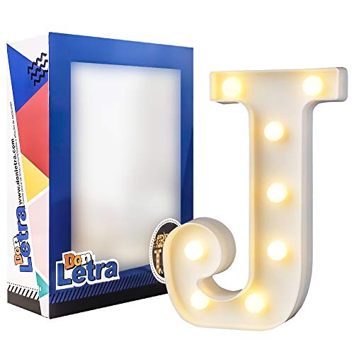 DON LETRA Letras Decorativas con 8 Bombillas de LED, Letras A-Z, 2 Pilas AA, Interruptor, Plástico, Altura de 22cm, Color Blanco - Letra J