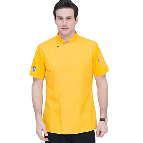 Dooxii Unisexo Mujeres Hombre Moda Verano Manga Corta Camisa de Cocinero Transpirable Chaquetas de Chef Uniforme Cocina Restaurante Occidental Amarillo M