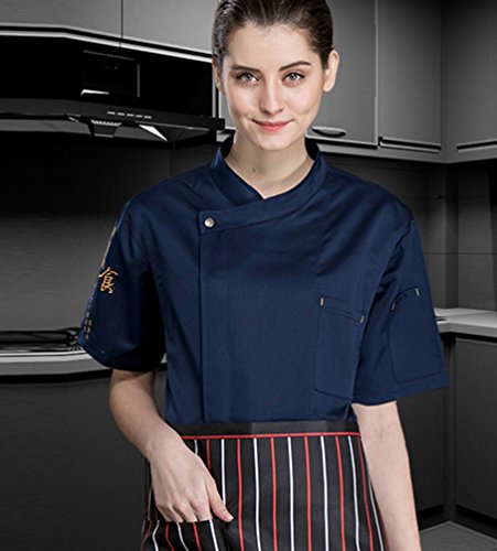 Dooxii Unisexo Mujeres Hombre Verano Manga Corta Camisa de Cocinero Transpirable Chaquetas de Chef Uniforme Cocina Restaurante Occidental Azul XL