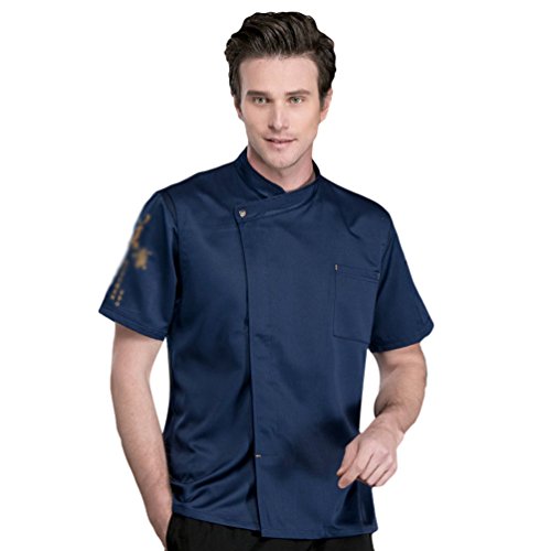 Dooxii Unisexo Mujeres Hombre Verano Manga Corta Camisa de Cocinero Transpirable Chaquetas de Chef Uniforme Cocina Restaurante Occidental Azul XL