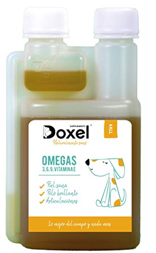 Doxel 4all-500ml Aceite para Perros| Suplemento Natural | Sistema Inmunitario Reforzado| Articulaciones sanas| Pelo Brillante| Piel Sana| Ácidos grasos Omega 3 6 9| Vitamina E| Alergias Perro|Natural