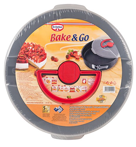 Dr. Oetker Bake&go Molde Hornear Redondo Desmontable, Tartas y bizcochos con Tapa para transportarr y almacenar, Acero con Revestimiento Antiadherente Color Negro y plástico Transparent