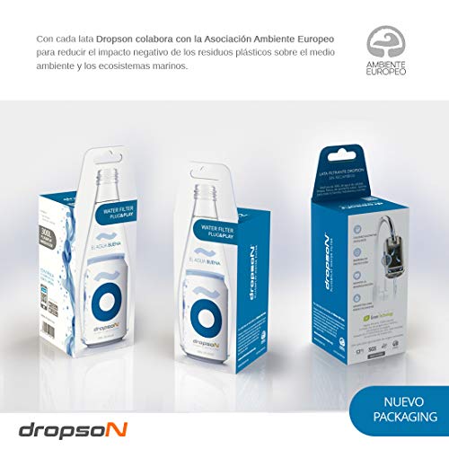 dropson Lata filtrante Filtro de Agua para Grifo, Membrana de microfiltración 100% Natural, 300 litros de Agua filtrada, monitorizable con Smartphone, Llena una Jarra de 1L en 1 min.