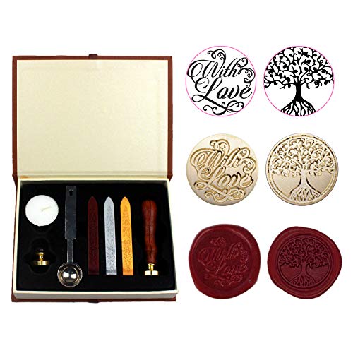 Dsaren Sello de Lacre Retro Kit de Sellos de Cera con 2 Sello Latón Barras de Cera Velas Cucharilla Caja de Regalo para Sobre Boda Invitacion Navidad (con amor + árbol de la vida)