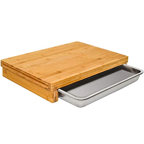 DuneDesign Tabla de Cortar en Madera de Bambú - 51x37 - Tabla de Cocina con Cajón de Acero